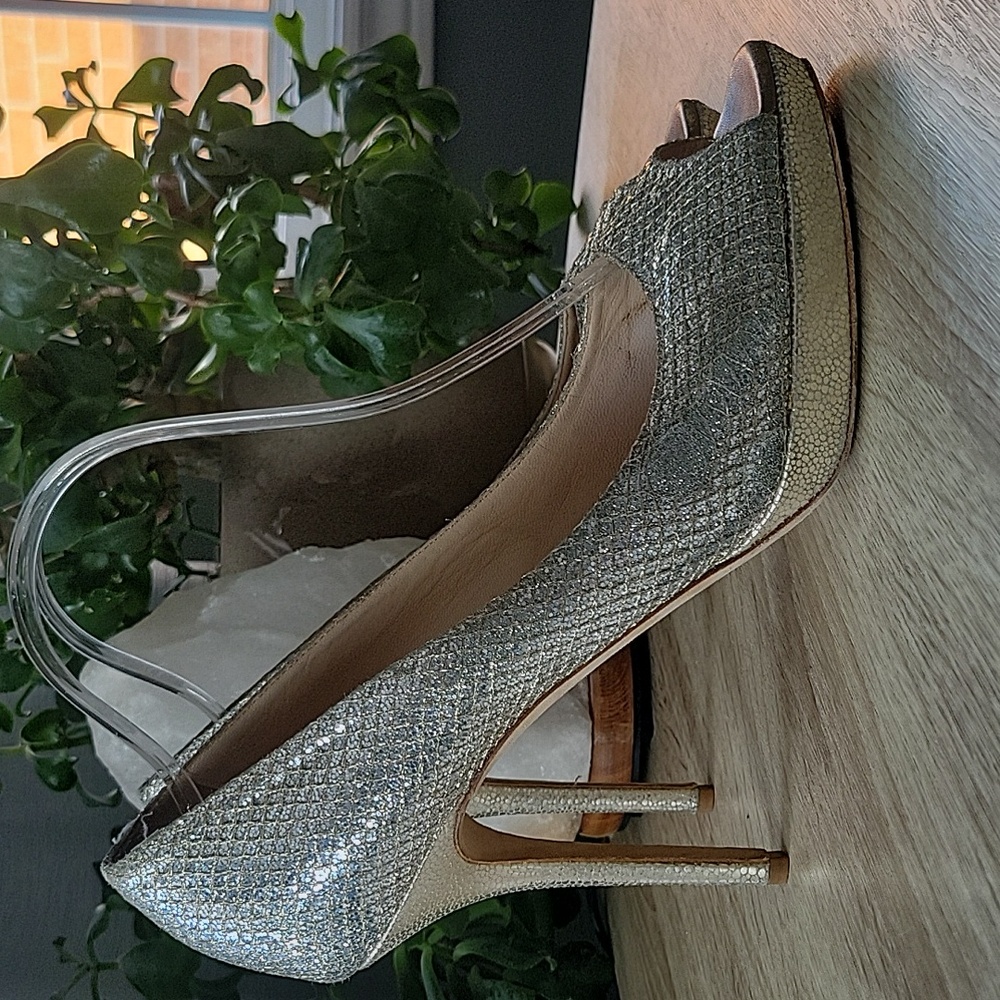 Jimmy Choo Silver Glitter Peep-Toe Pumps